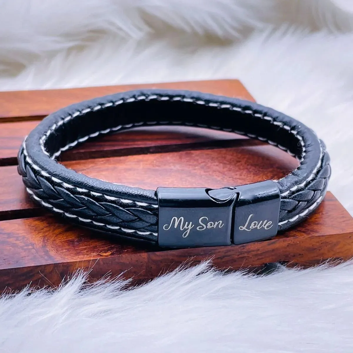 Personalized Engraved Braided Black Leather Multi-Strand Wristband Bracelet for Men