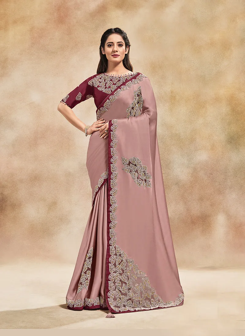 Pink And Maroon Embroidered Party Wear Saree