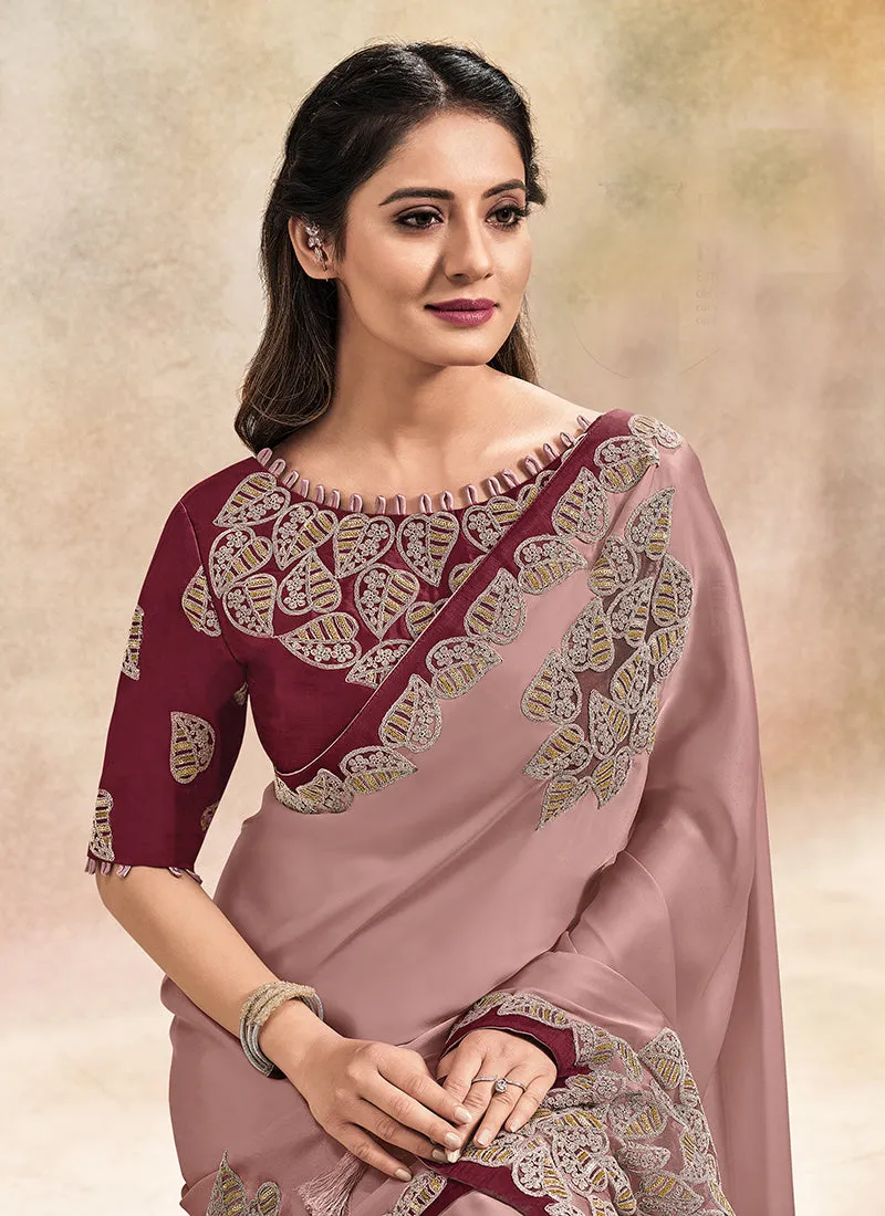Pink And Maroon Embroidered Party Wear Saree