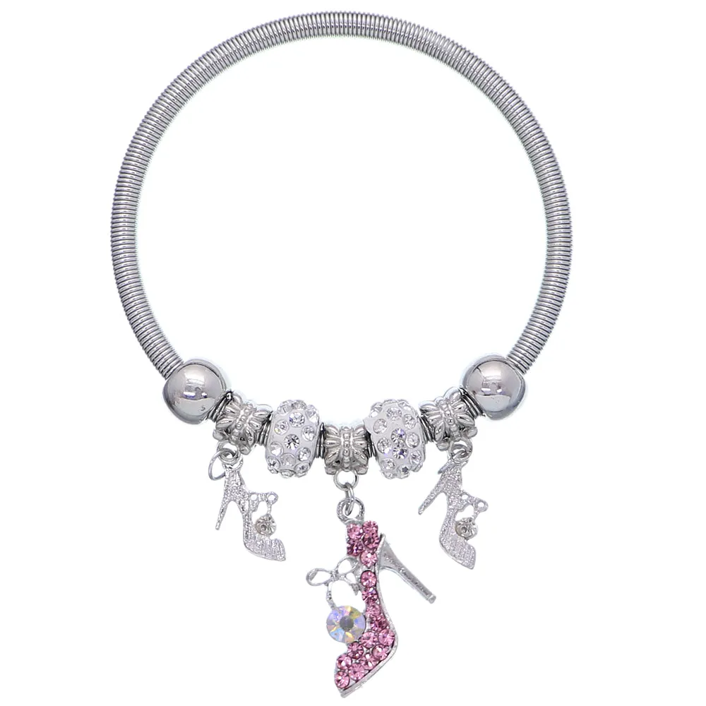 Pink Fireball High Heel Shoe Charm Stretch Bracelet