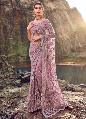 Pink Floral Embroidered Party Wear Saree
