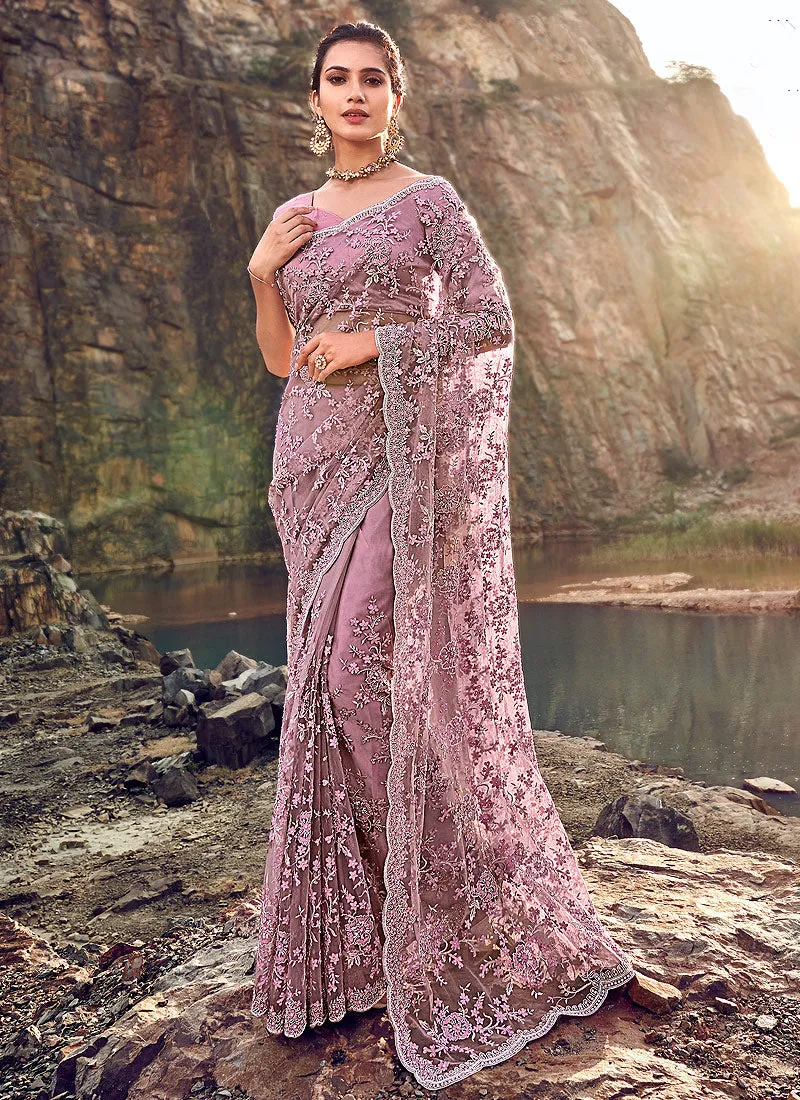 Pink Floral Embroidered Party Wear Saree