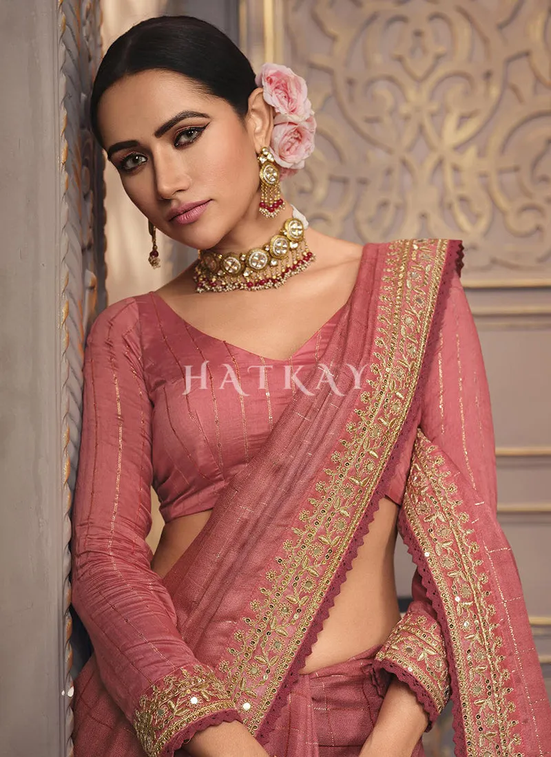 Pink Zari Embroidery Party Wear Organza Silk Saree