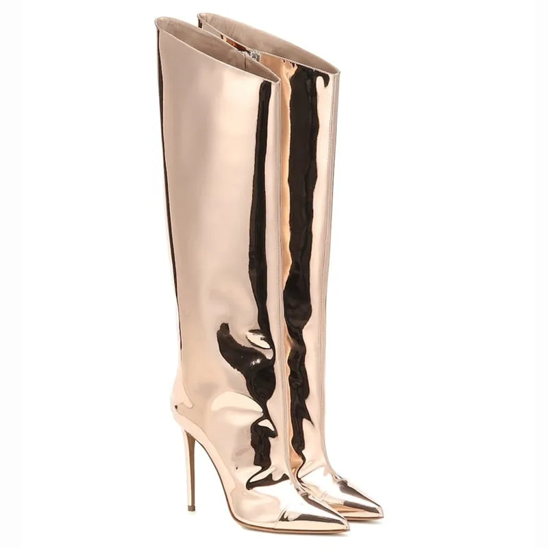 Pointed Toe Metallic High Heel Tall Boots