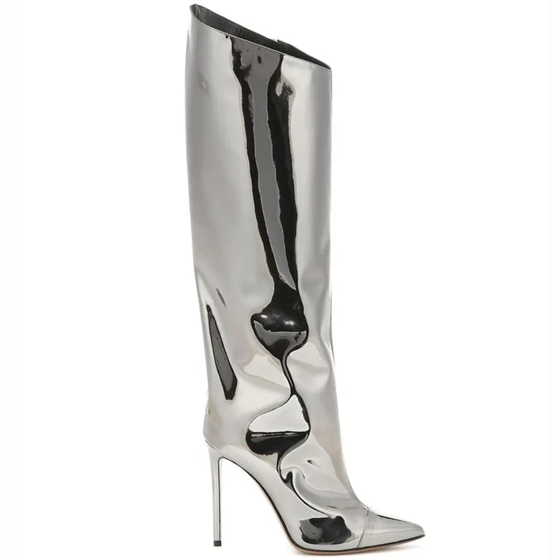 Pointed Toe Metallic High Heel Tall Boots