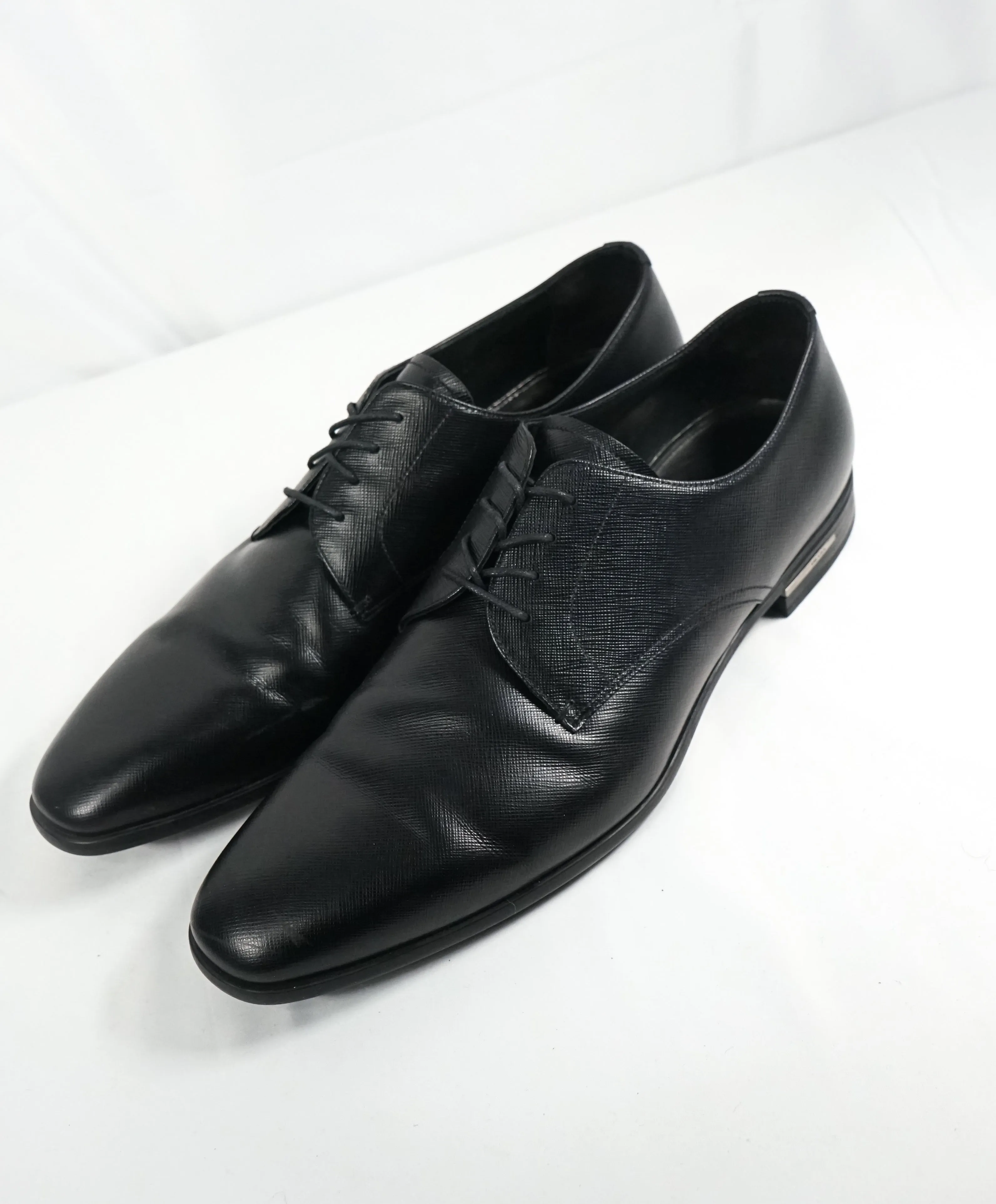 PRADA - Saffiano Leather Plain Vamp Spazzolato Oxfords With Logo Inset Heel - 12