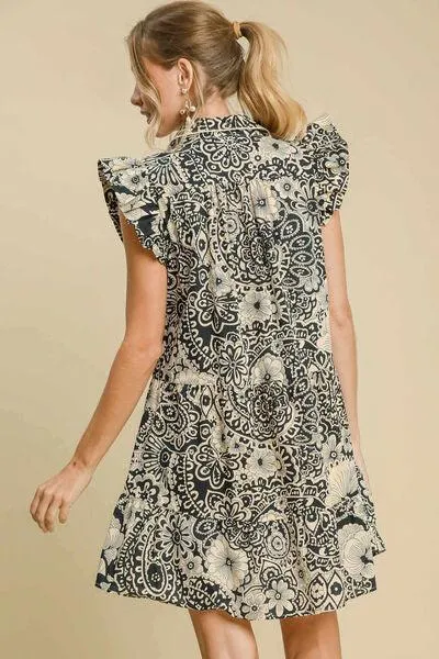 Printed Ruffle Cap Sleeve Babydoll Dress