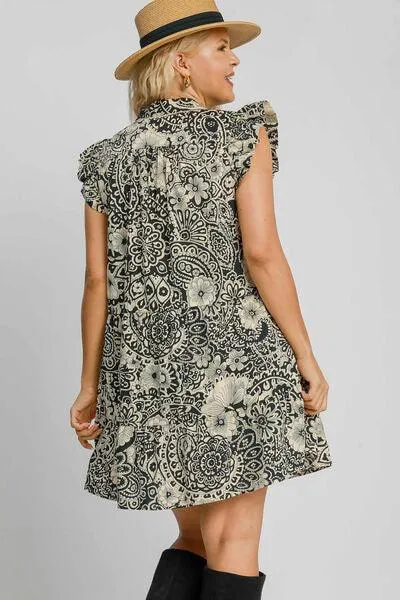 Printed Ruffle Cap Sleeve Babydoll Dress