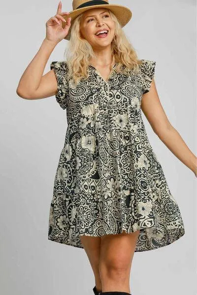 Printed Ruffle Cap Sleeve Babydoll Dress