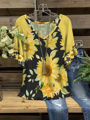 Printed V-Neck Ruffle Tee