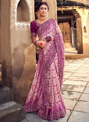 Purple Digital Prints And Soraski Work Silk Saree