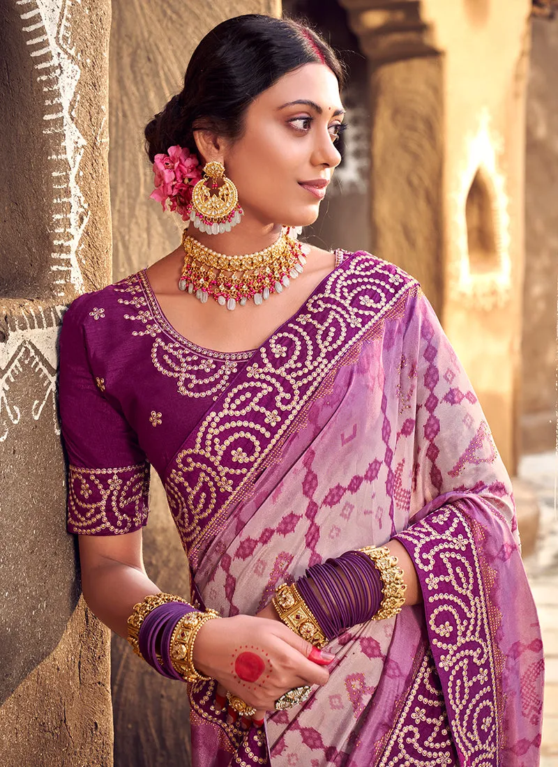 Purple Digital Prints And Soraski Work Silk Saree