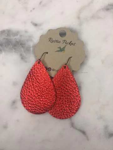 "Dazzler" Metallic Red Leather Teardrop Earrings