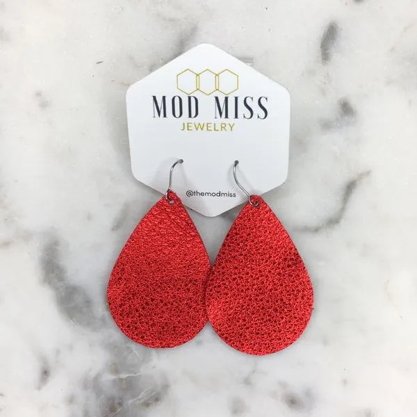 "Dazzler" Metallic Red Leather Teardrop Earrings