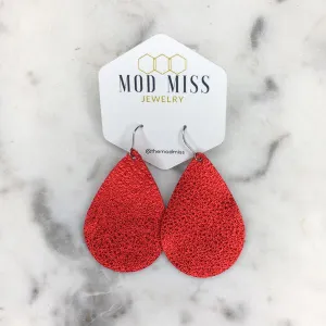 "Dazzler" Metallic Red Leather Teardrop Earrings