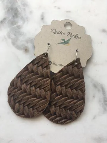 "Hazel" Fishtail Braided Brown Leather Teardrop Earrings