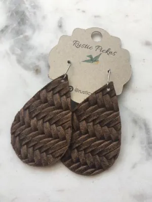 "Hazel" Fishtail Braided Brown Leather Teardrop Earrings