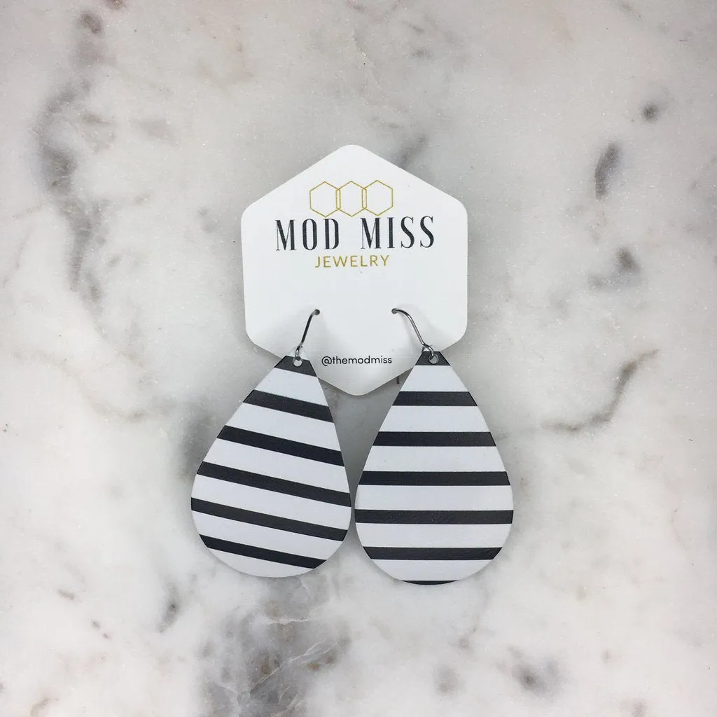"Jailed" Black   White Striped Chunky Teardrop Earrings