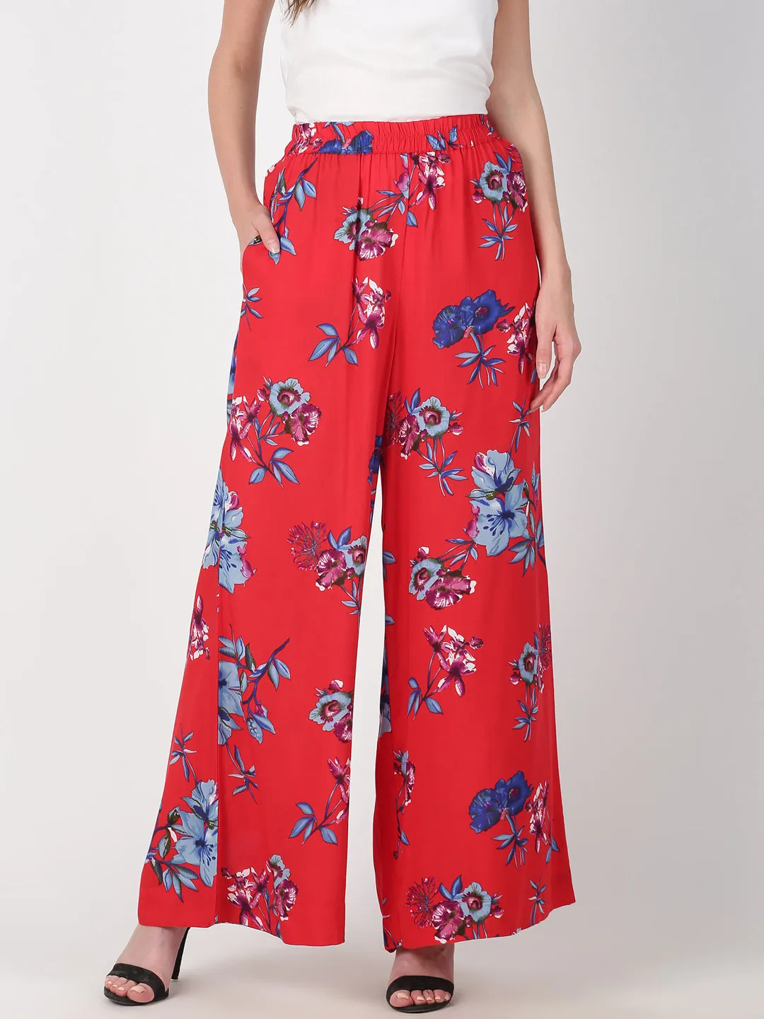 Red & Blue Printed Straight Palazzo