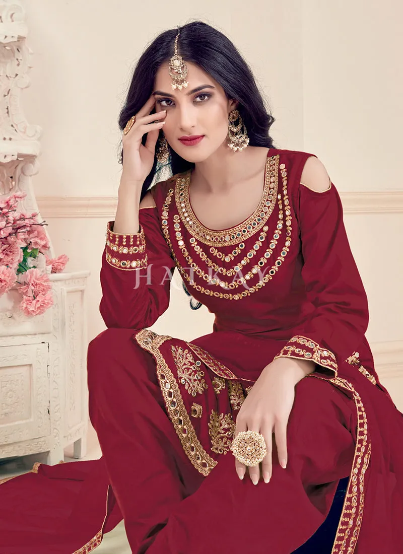 Red Mirror Work Punjabi Patiala Salwar Suit