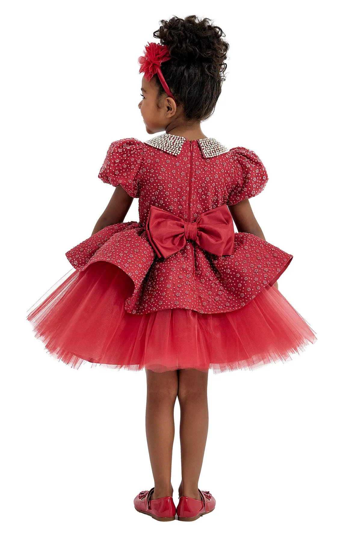Red Princess Dress with Pearl-Embellished Collar