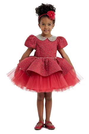 Red Princess Dress with Pearl-Embellished Collar