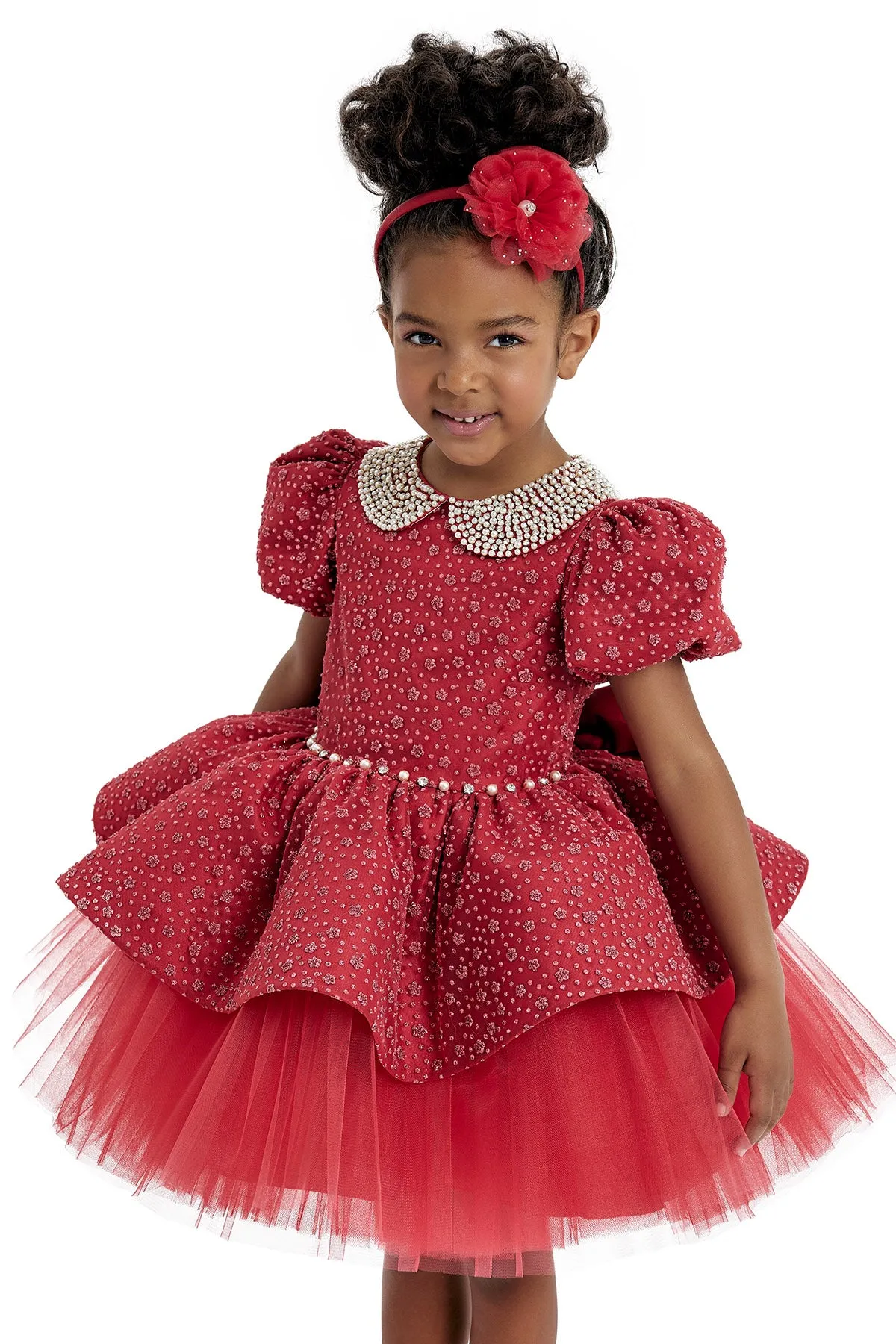 Red Princess Dress with Pearl-Embellished Collar