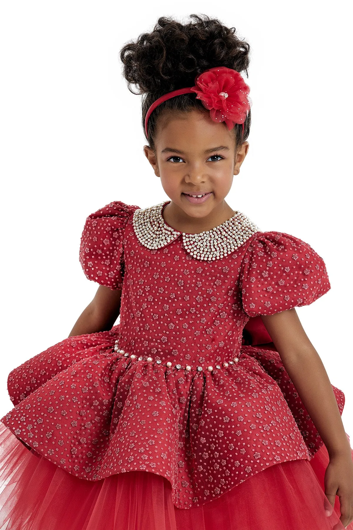 Red Princess Dress with Pearl-Embellished Collar