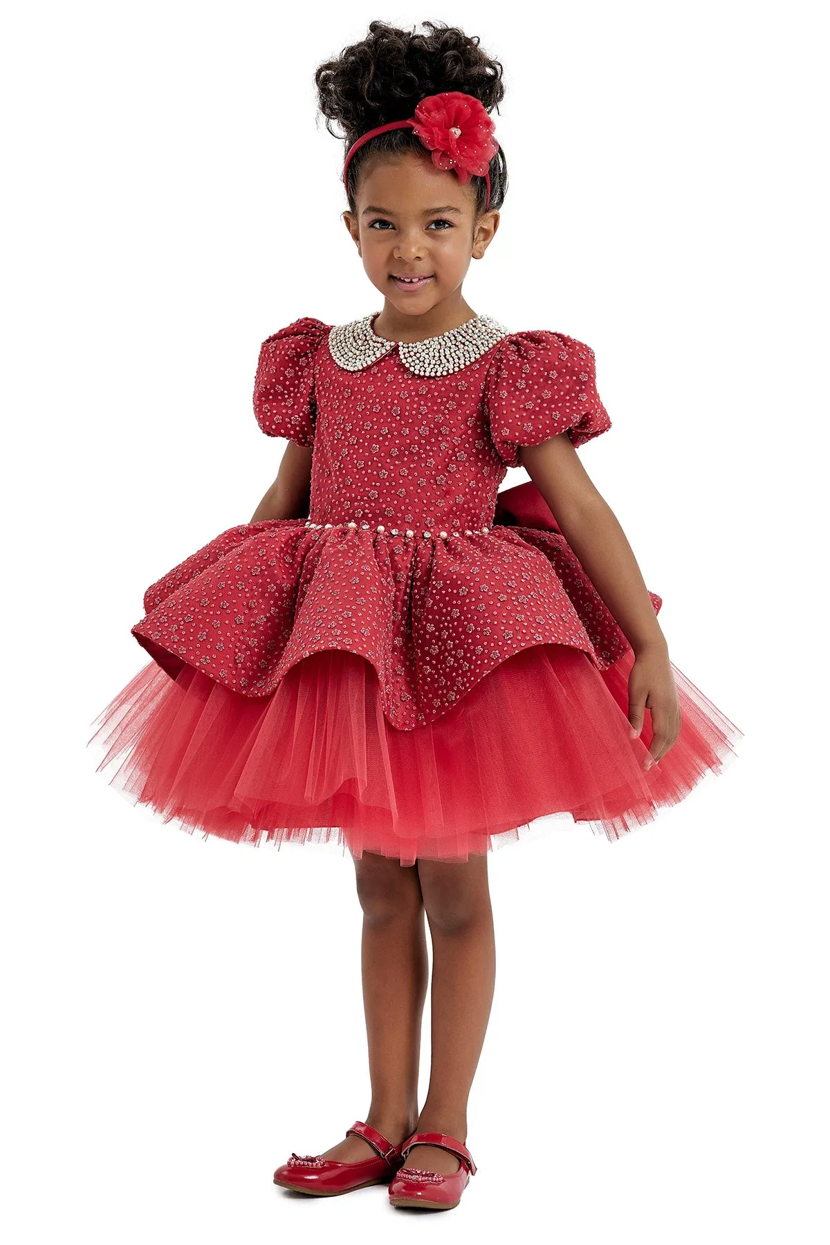 Red Princess Dress with Pearl-Embellished Collar
