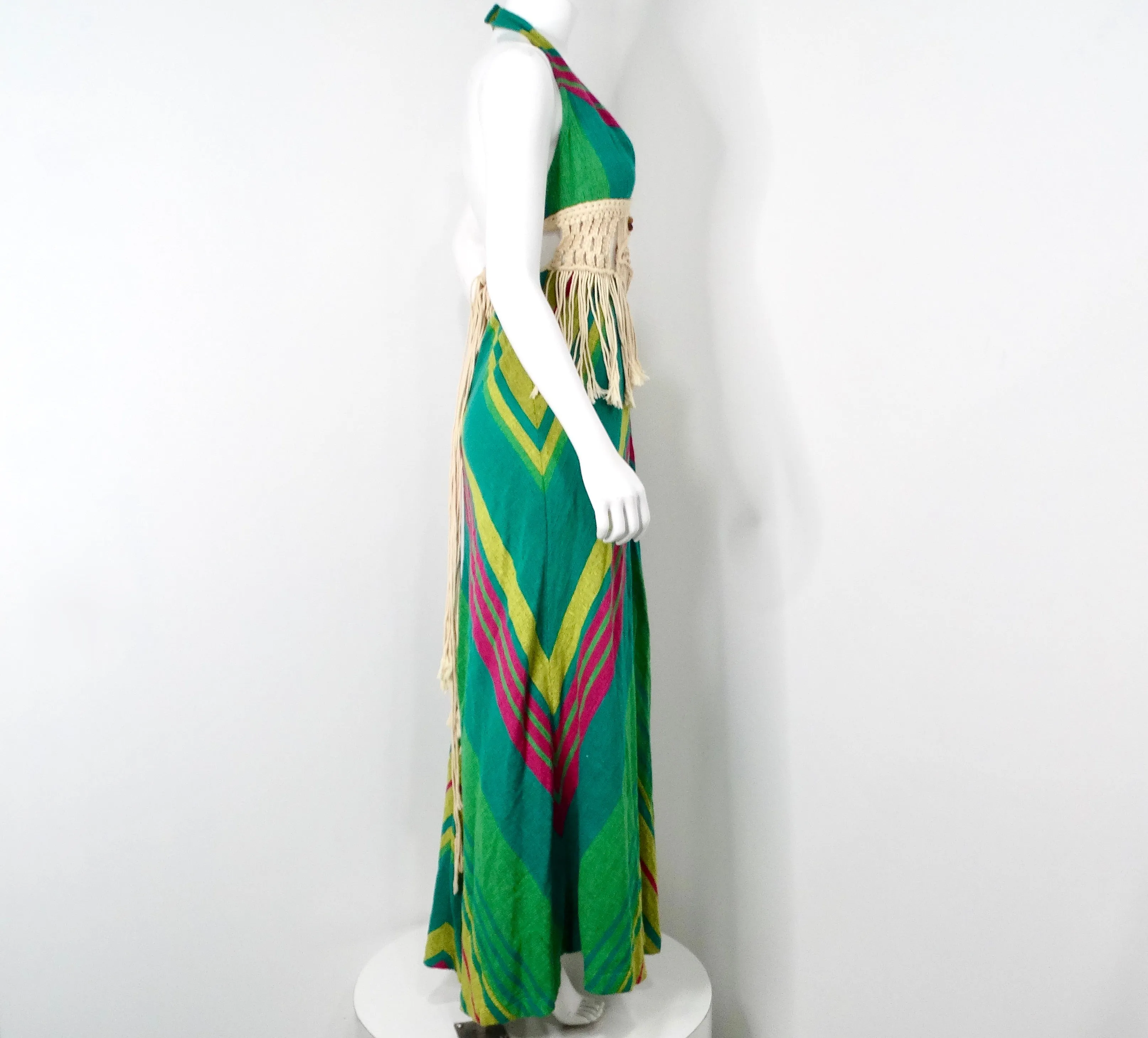 Rikma 1970s Green Multicolor Macrame Handmade Cotton Halter Maxi Dress