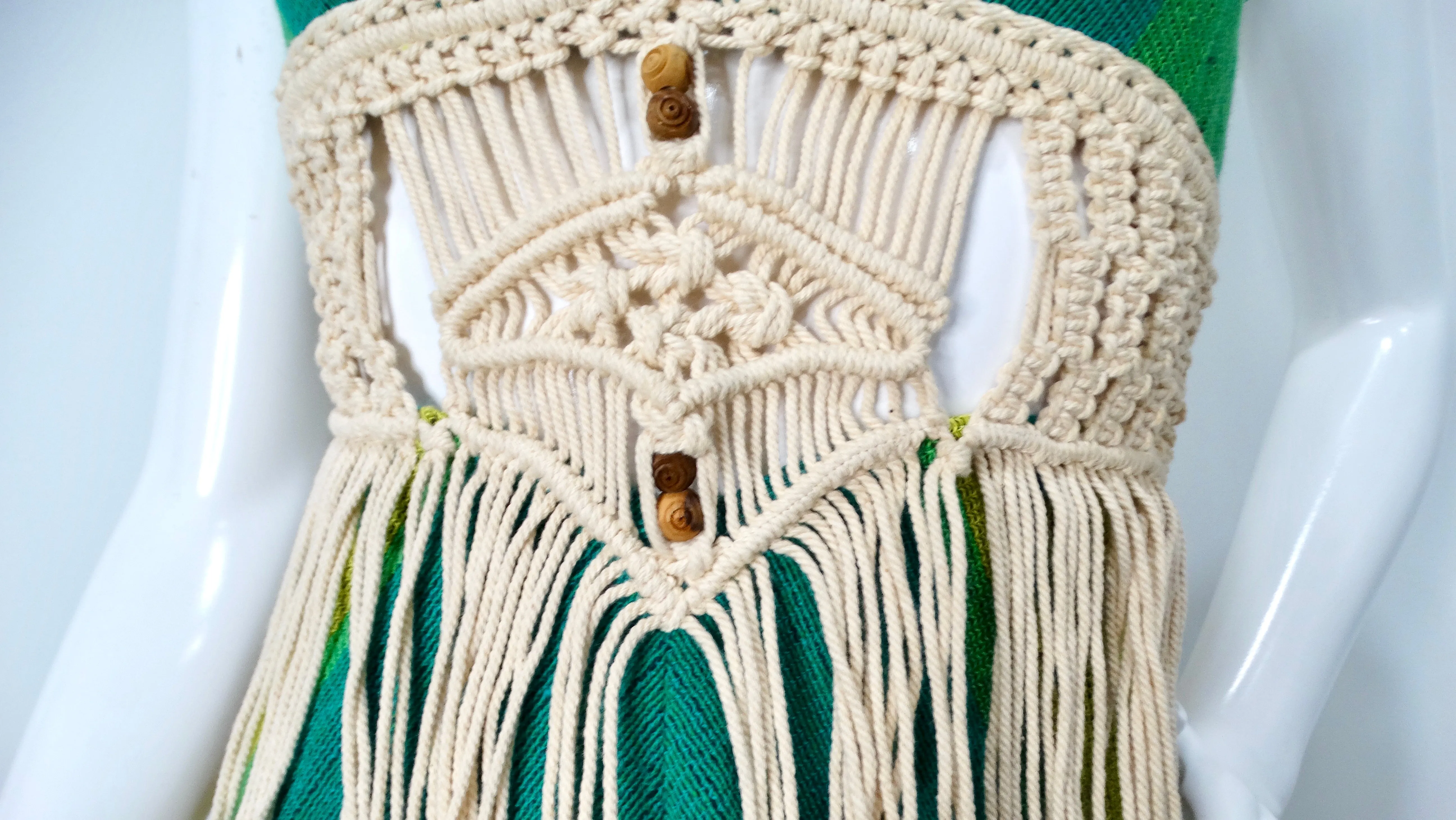 Rikma 1970s Green Multicolor Macrame Handmade Cotton Halter Maxi Dress