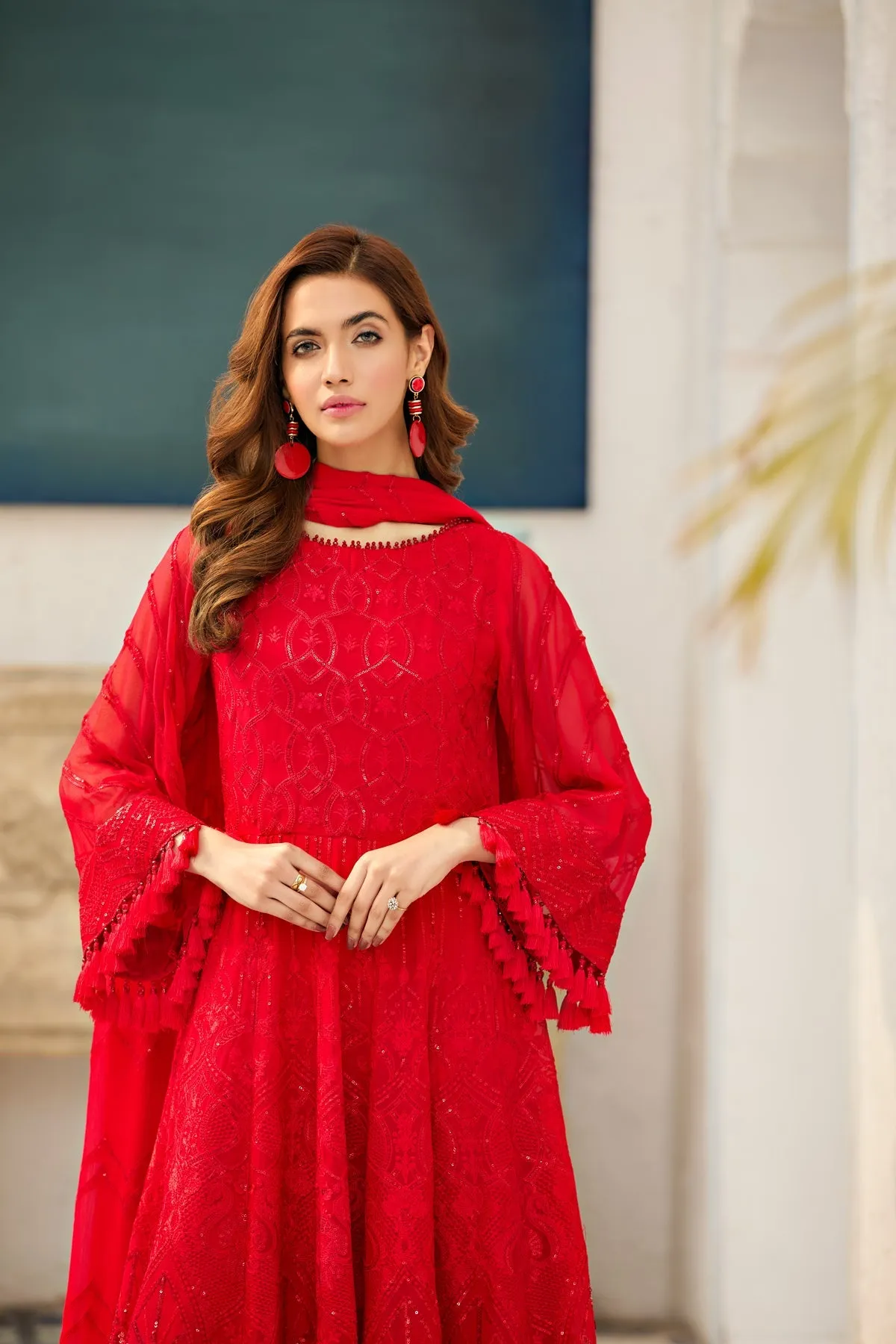 Rose Red Embroidered Pakistani Long Frock with Dupatta Party Dress