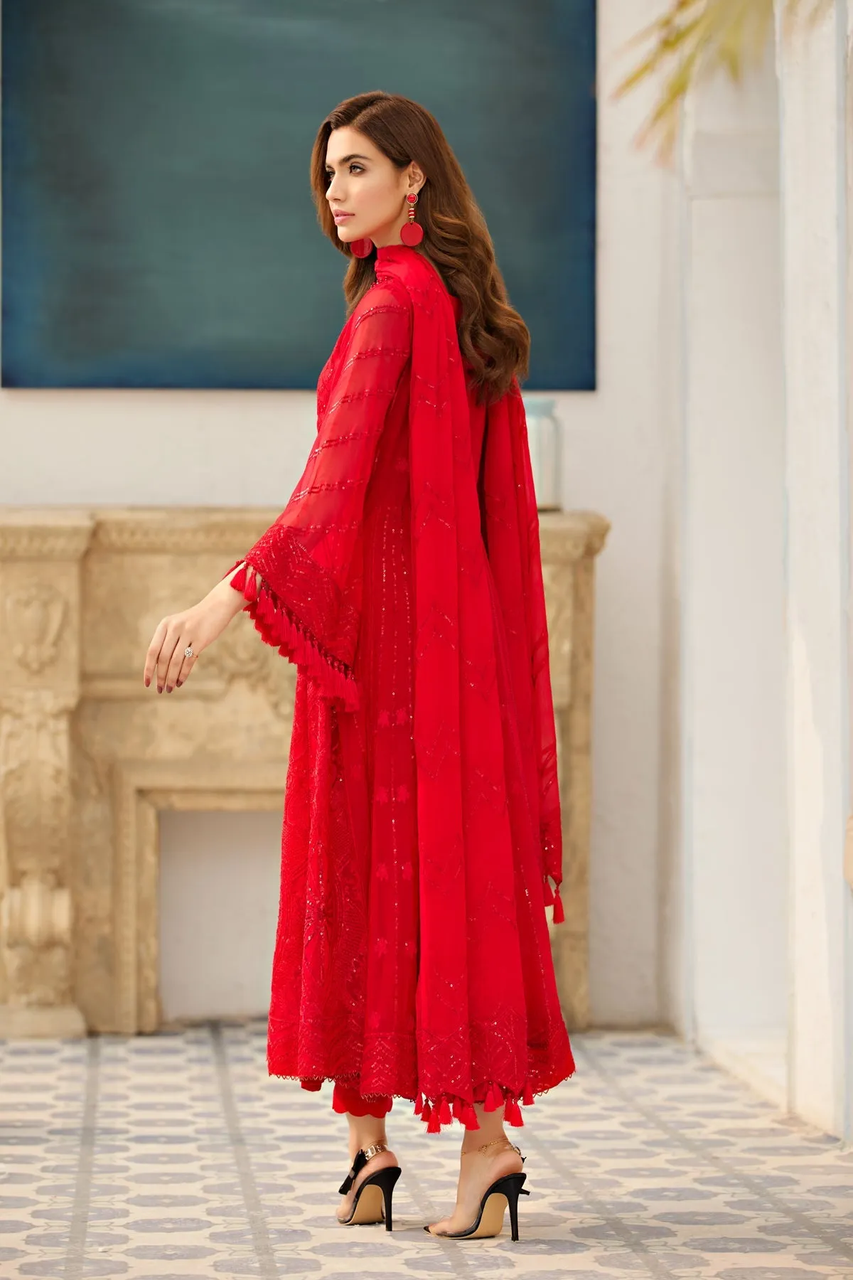 Rose Red Embroidered Pakistani Long Frock with Dupatta Party Dress