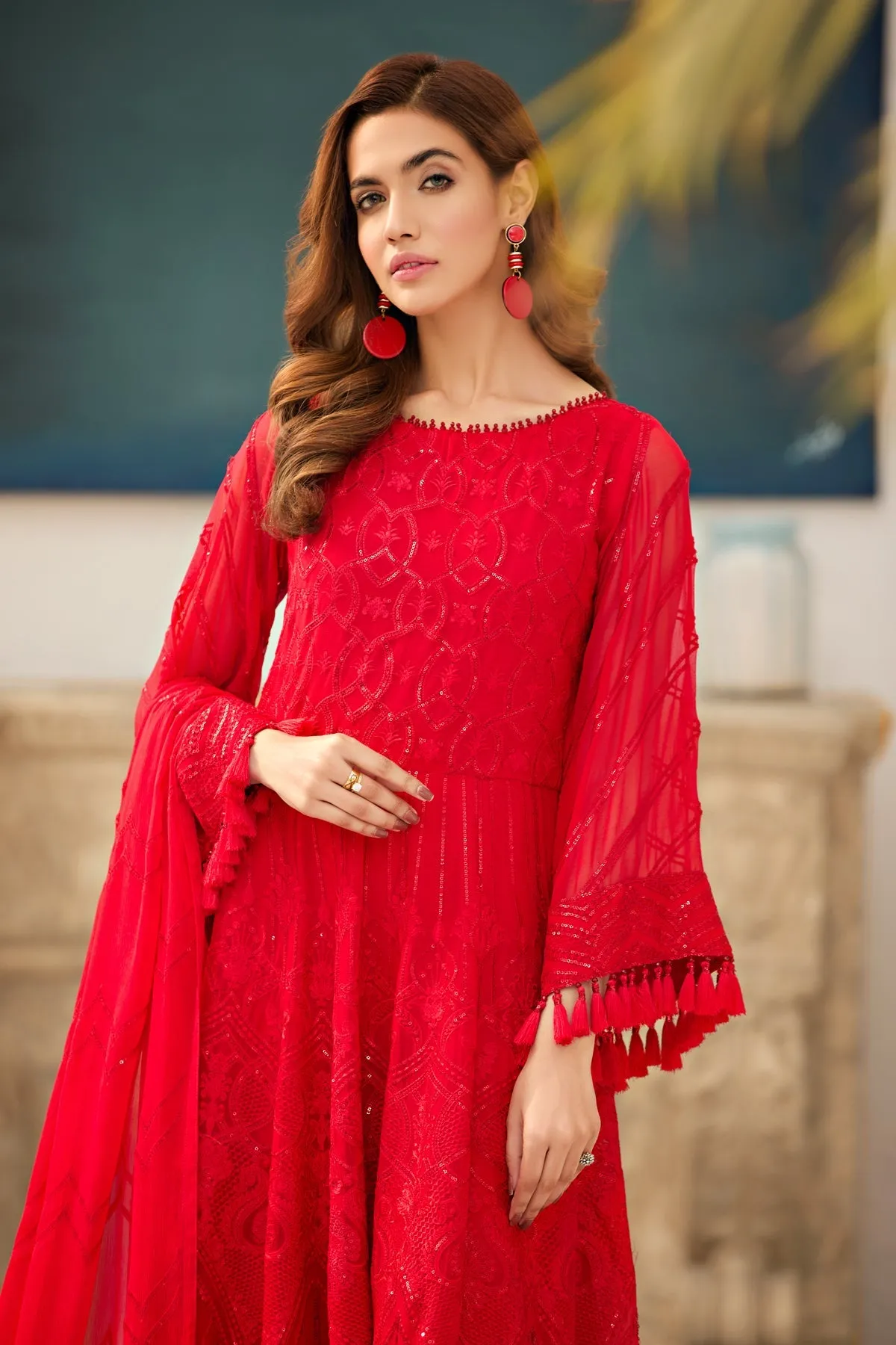 Rose Red Embroidered Pakistani Long Frock with Dupatta Party Dress