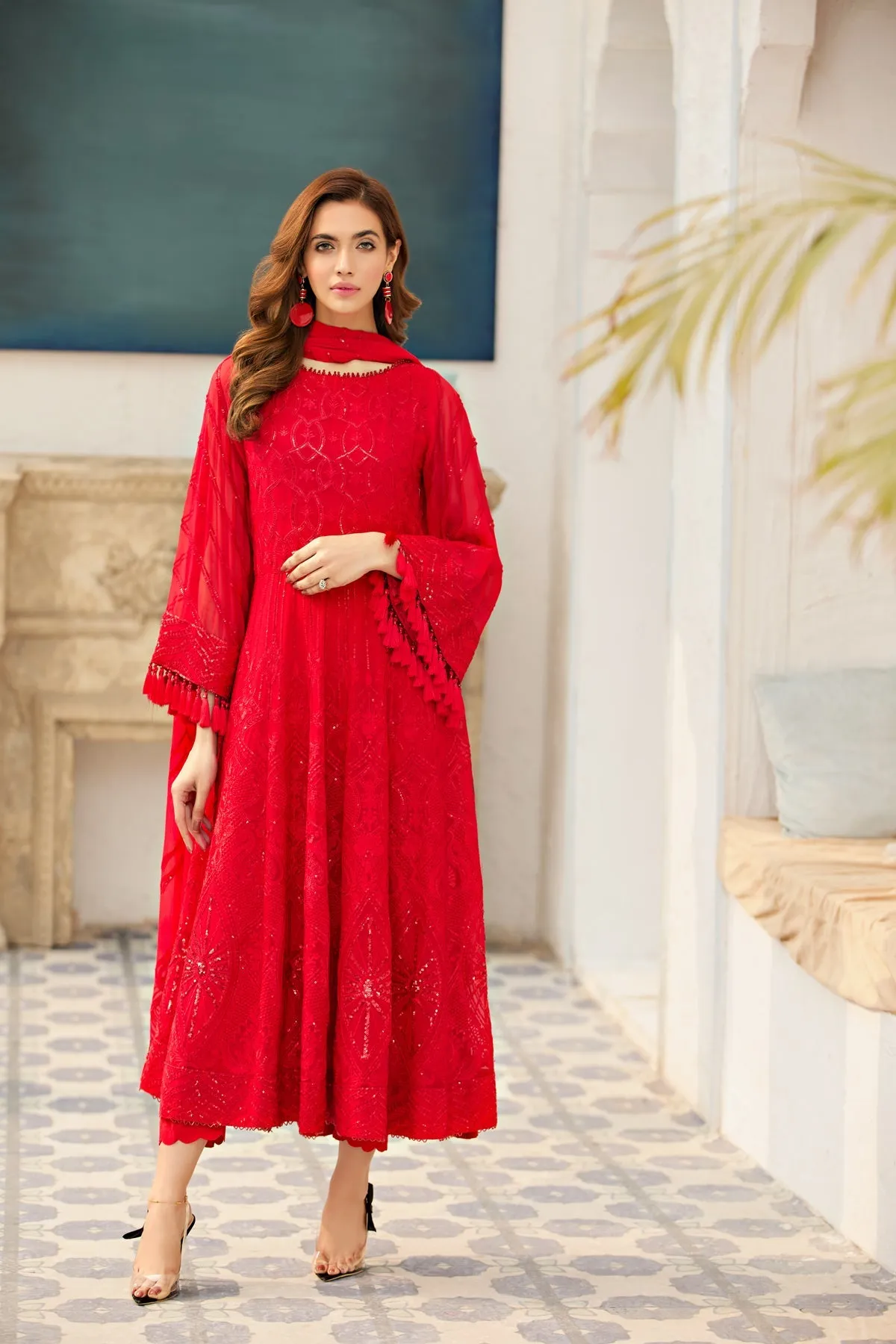Rose Red Embroidered Pakistani Long Frock with Dupatta Party Dress