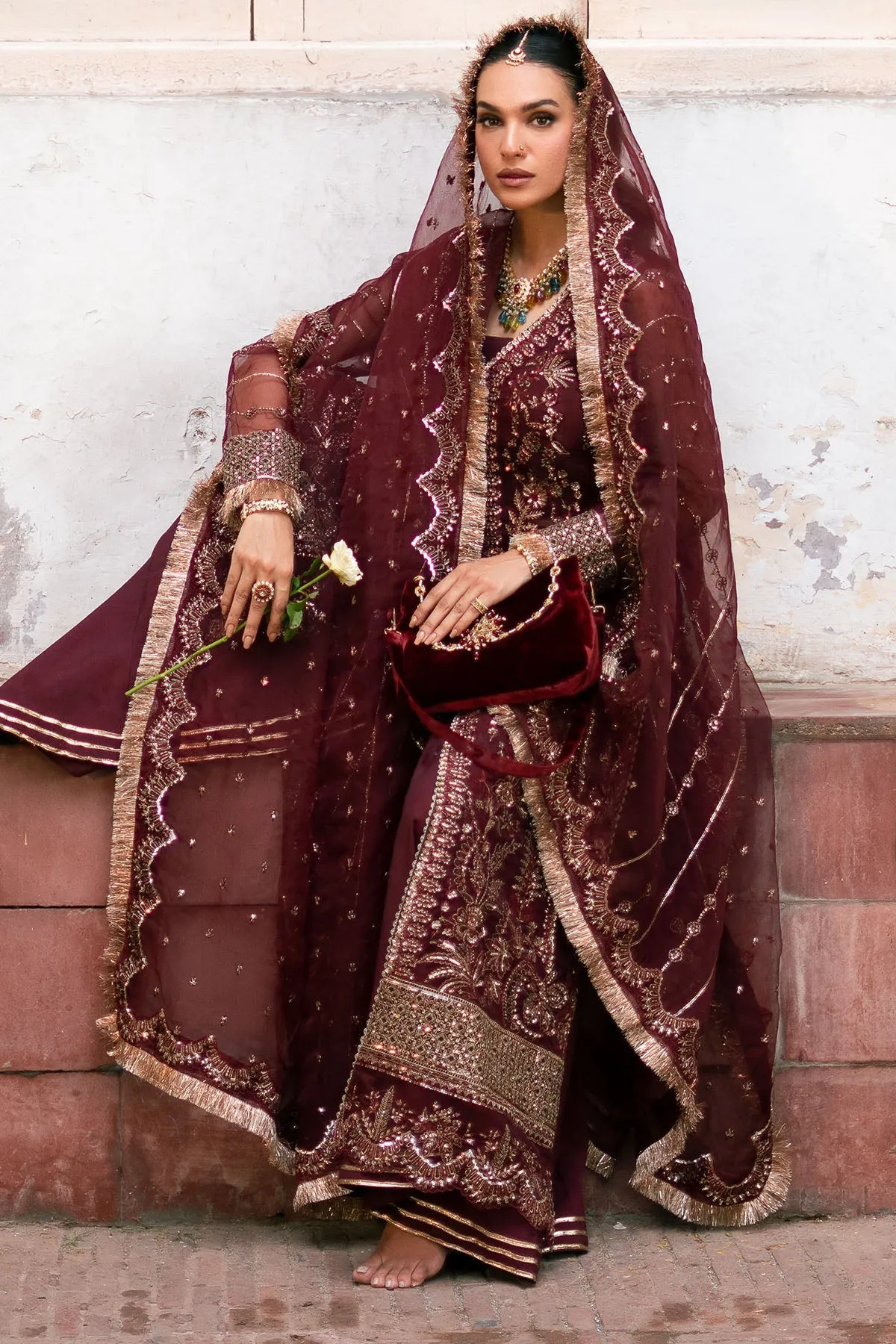 Royal Maroon Heavily Embellished Pakistani Wedding Kameez Sharara