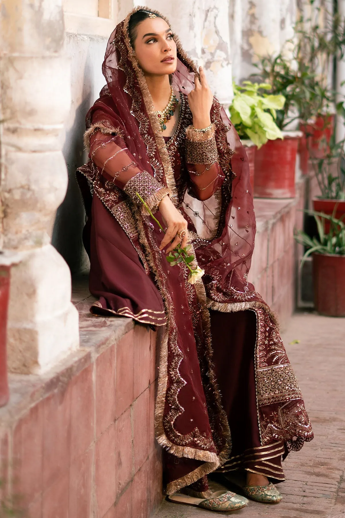Royal Maroon Heavily Embellished Pakistani Wedding Kameez Sharara