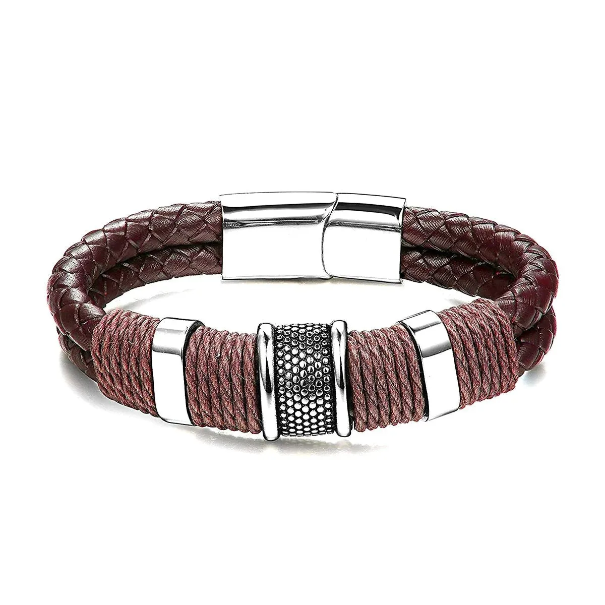 Ruggedly Handsome Rope Braided Brown Leather Stainless Steel Wrist Band Bracelet for Men