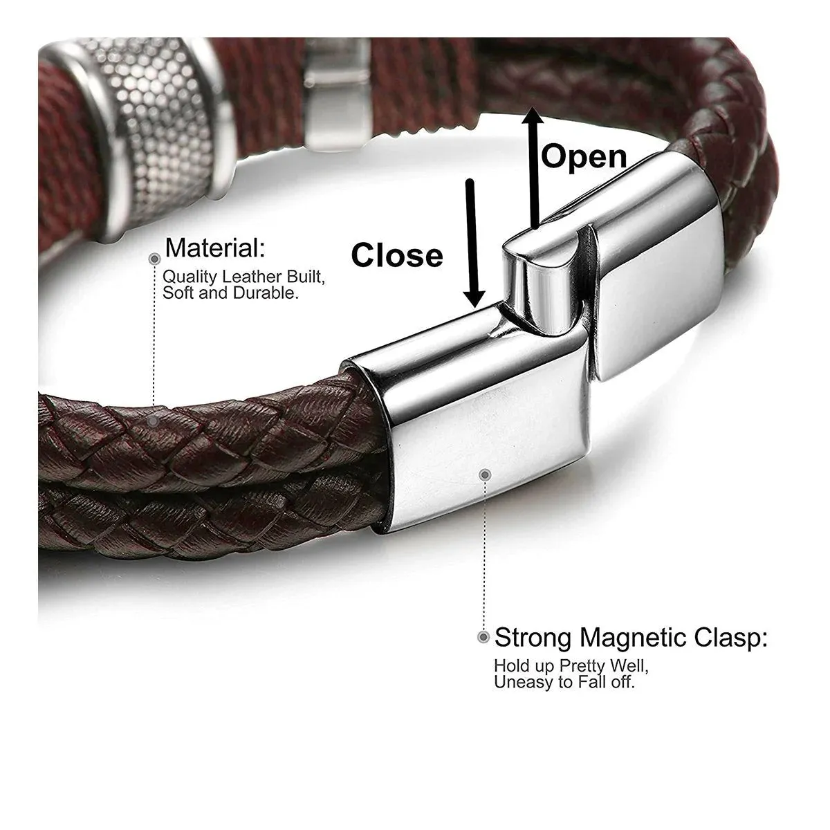 Ruggedly Handsome Rope Braided Brown Leather Stainless Steel Wrist Band Bracelet for Men