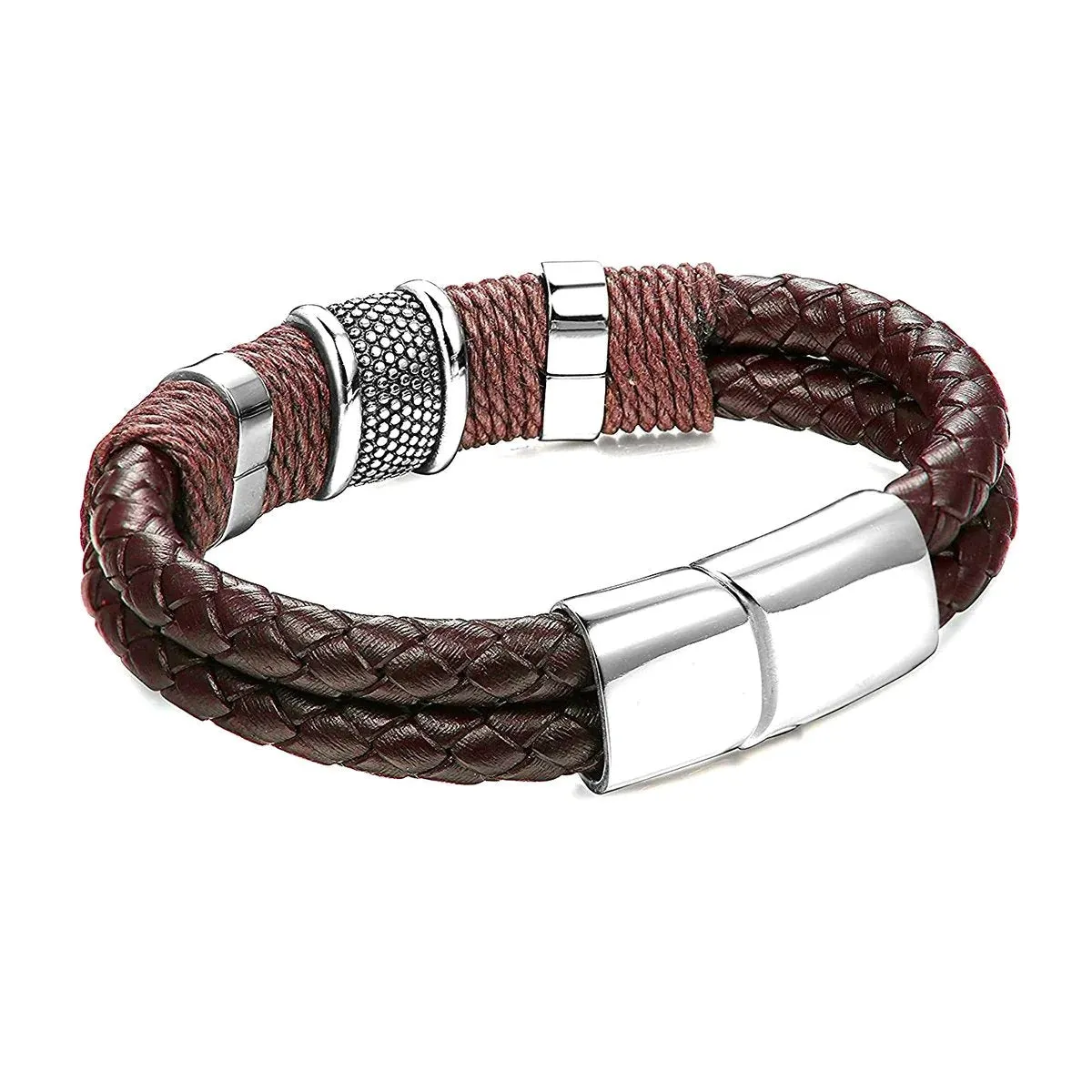 Ruggedly Handsome Rope Braided Brown Leather Stainless Steel Wrist Band Bracelet for Men