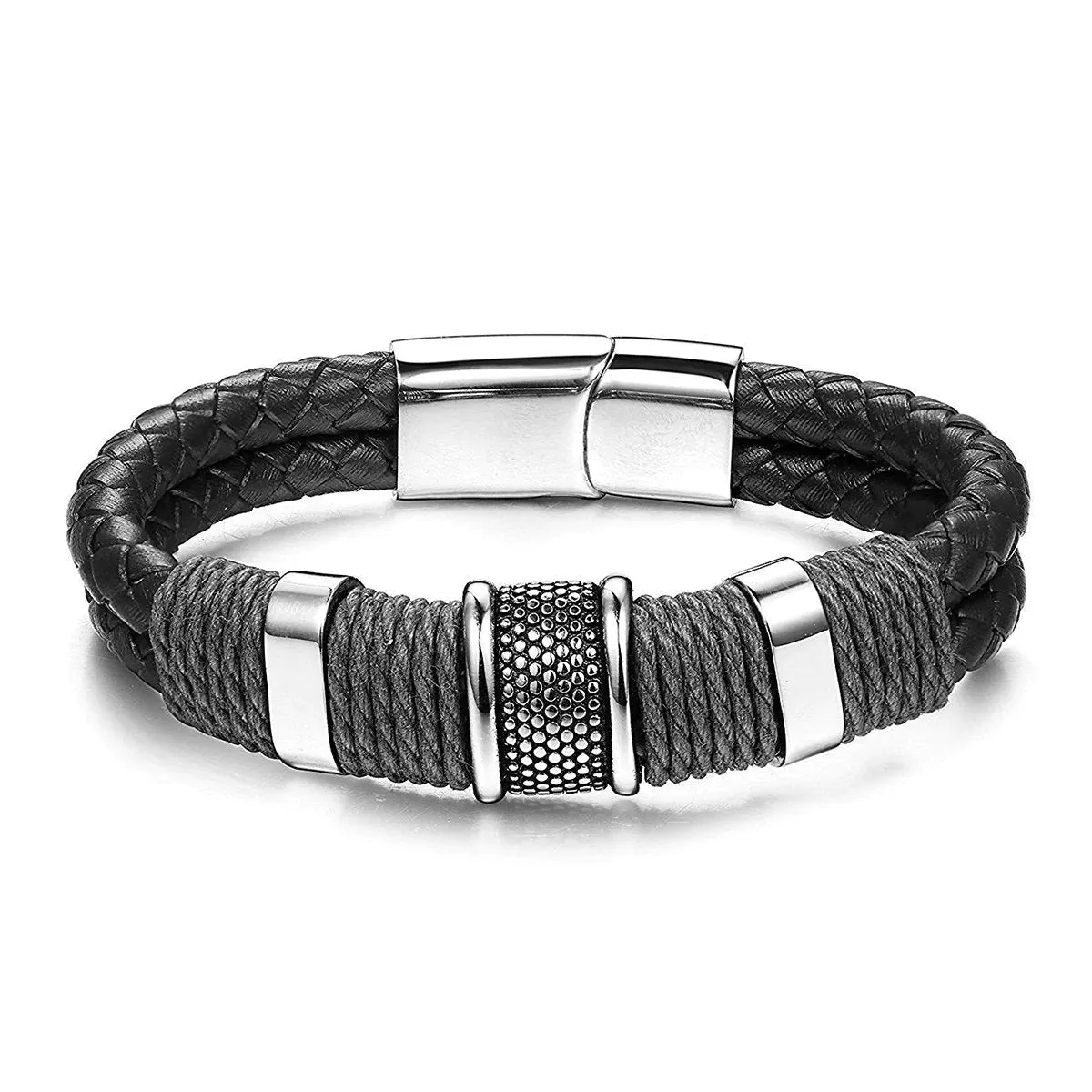 Ruggedly Handsome Rope Braided Brown Leather Stainless Steel Wrist Band Bracelet for Men