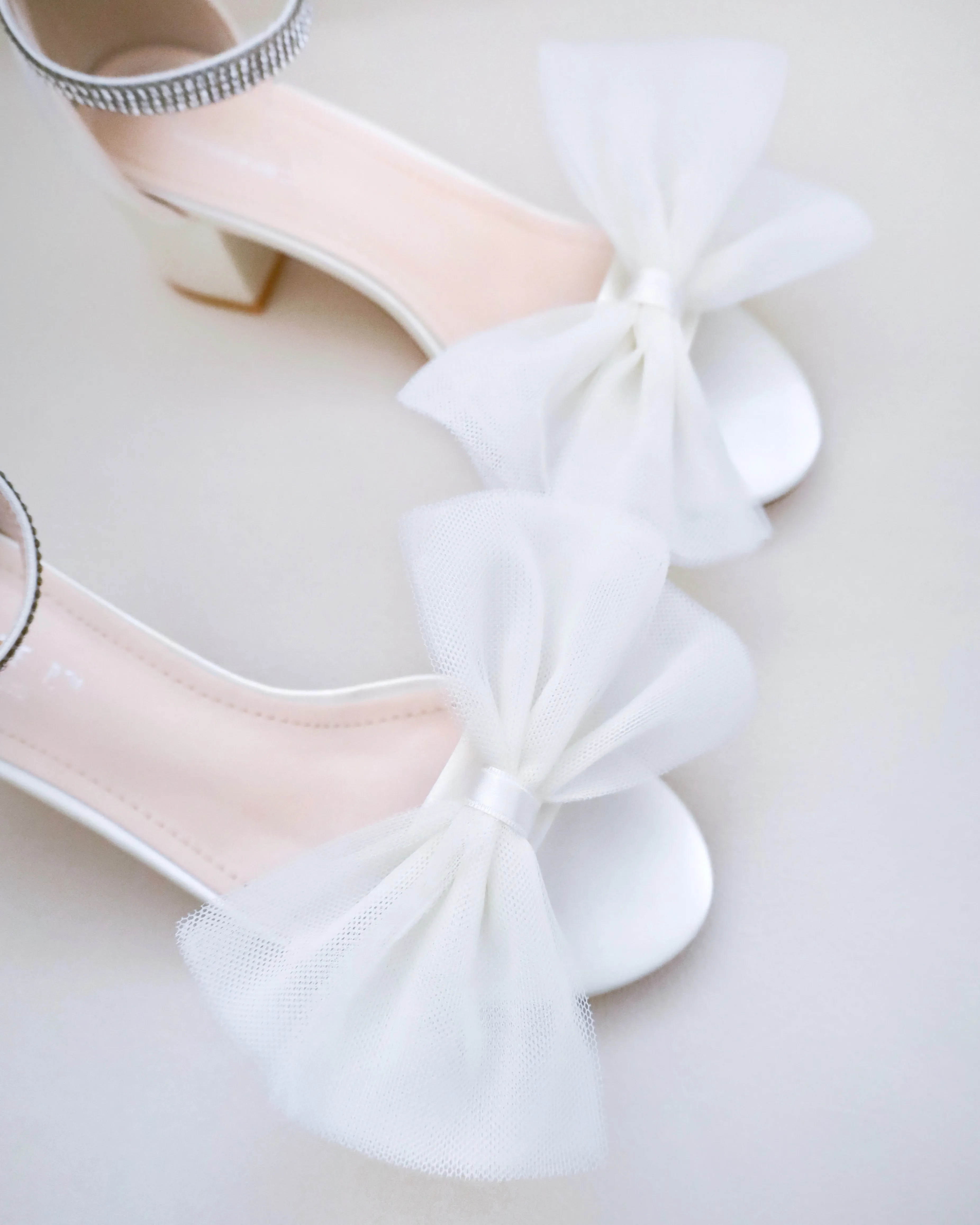 Satin Block Heel Sandal with Front Oversized Tulle Bow and Embellished Rhinestones Strap