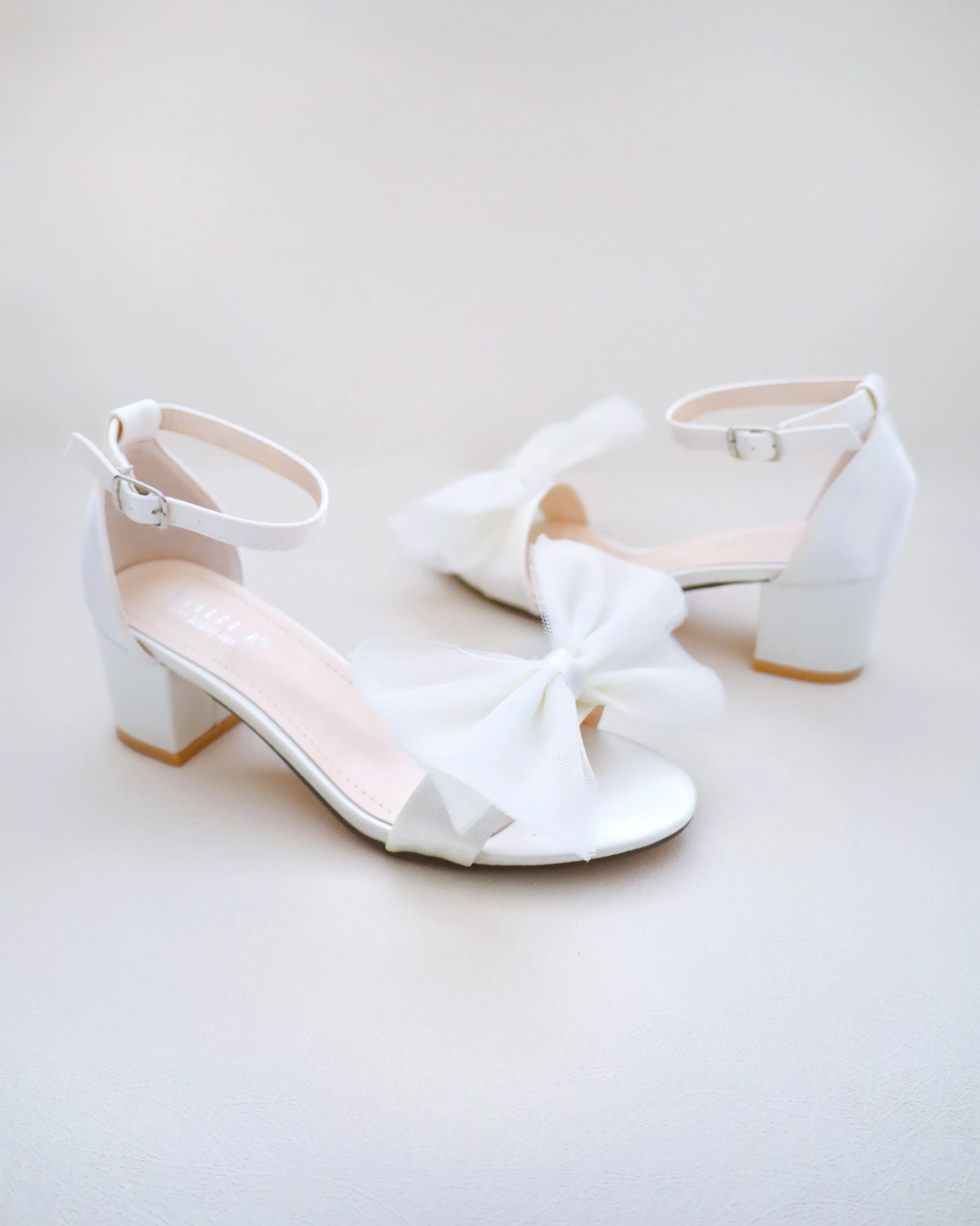 Satin Block Heel Sandal with Front Oversized Tulle Bow and Embellished Rhinestones Strap