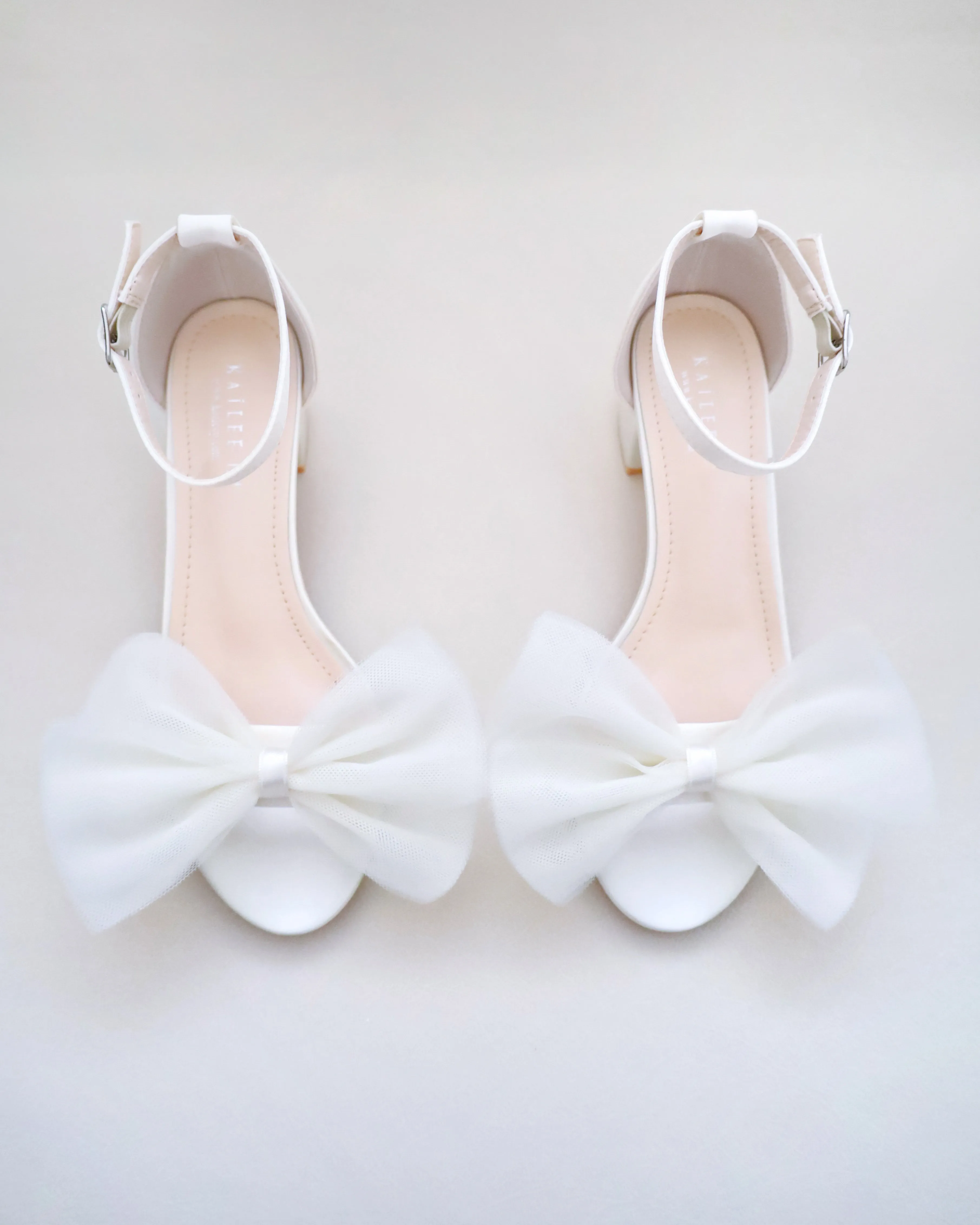 Satin Block Heel Sandal with Front Oversized Tulle Bow and Embellished Rhinestones Strap