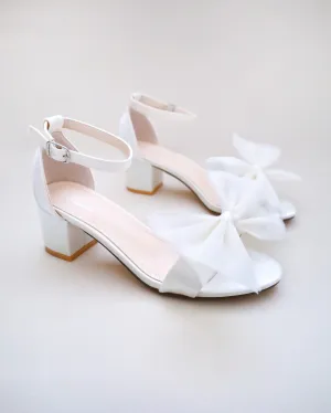 Satin Block Heel Sandal with Front Oversized Tulle Bow and Embellished Rhinestones Strap