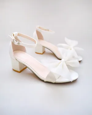 Satin Block Heel Sandal with Front Oversized Tulle Bow