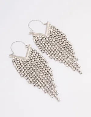 Silver Diamante Tassel Cup Chain Hoop Earrings
