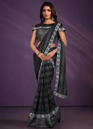 Silver Grey Sequence Embroidery Wedding Silk Saree