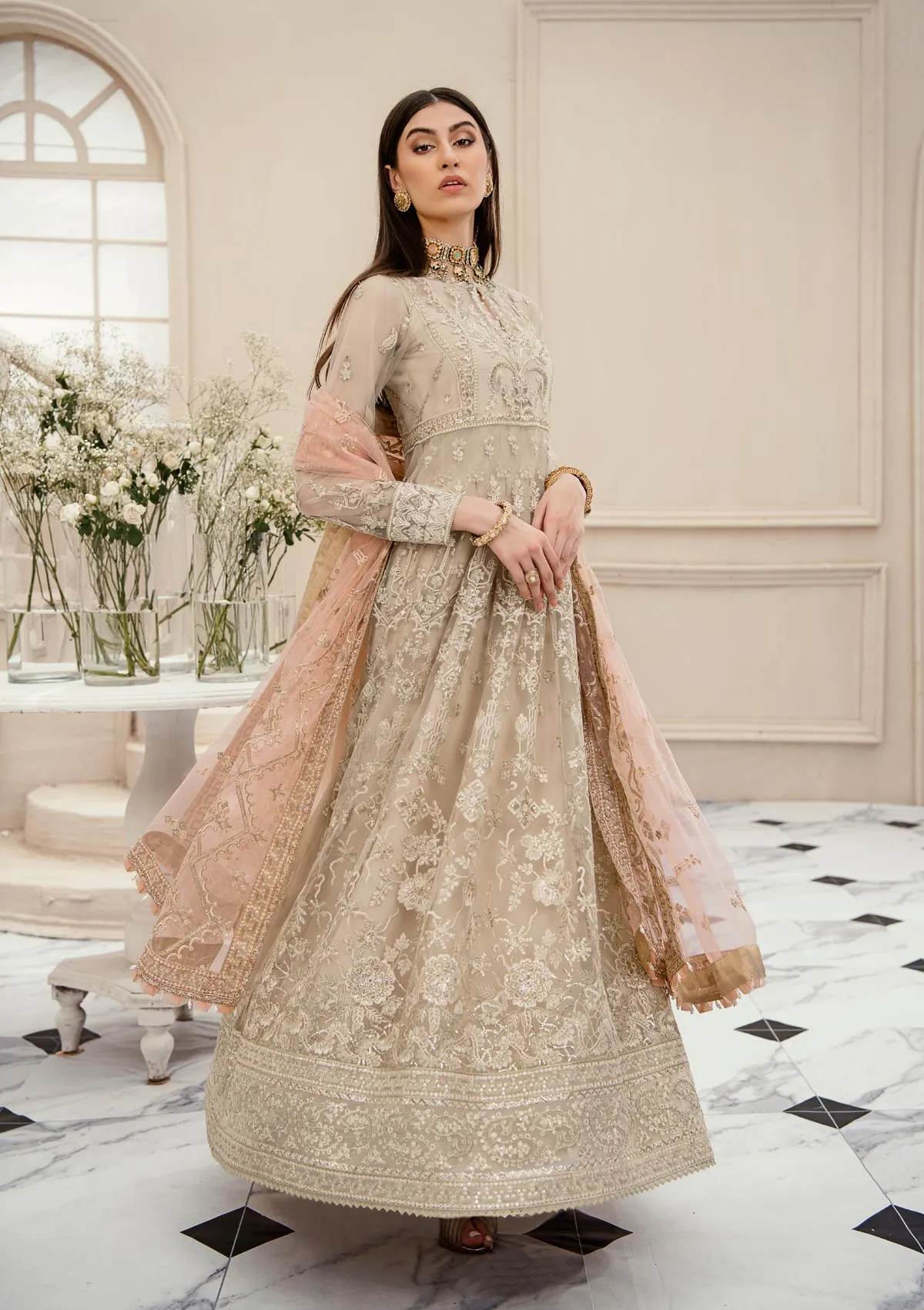 Silver Peach Heavily Embellished Pishwas with Dupatta Wedding Dress