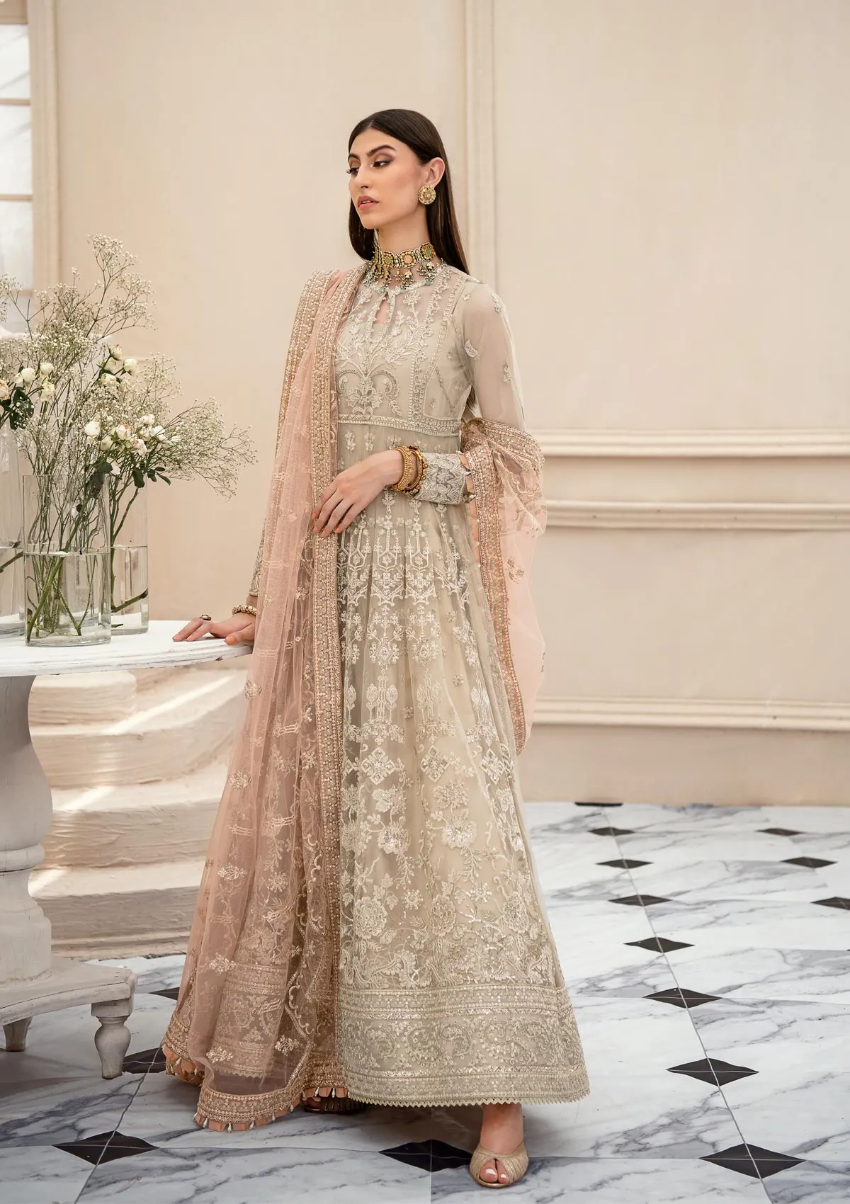 Silver Peach Heavily Embellished Pishwas with Dupatta Wedding Dress